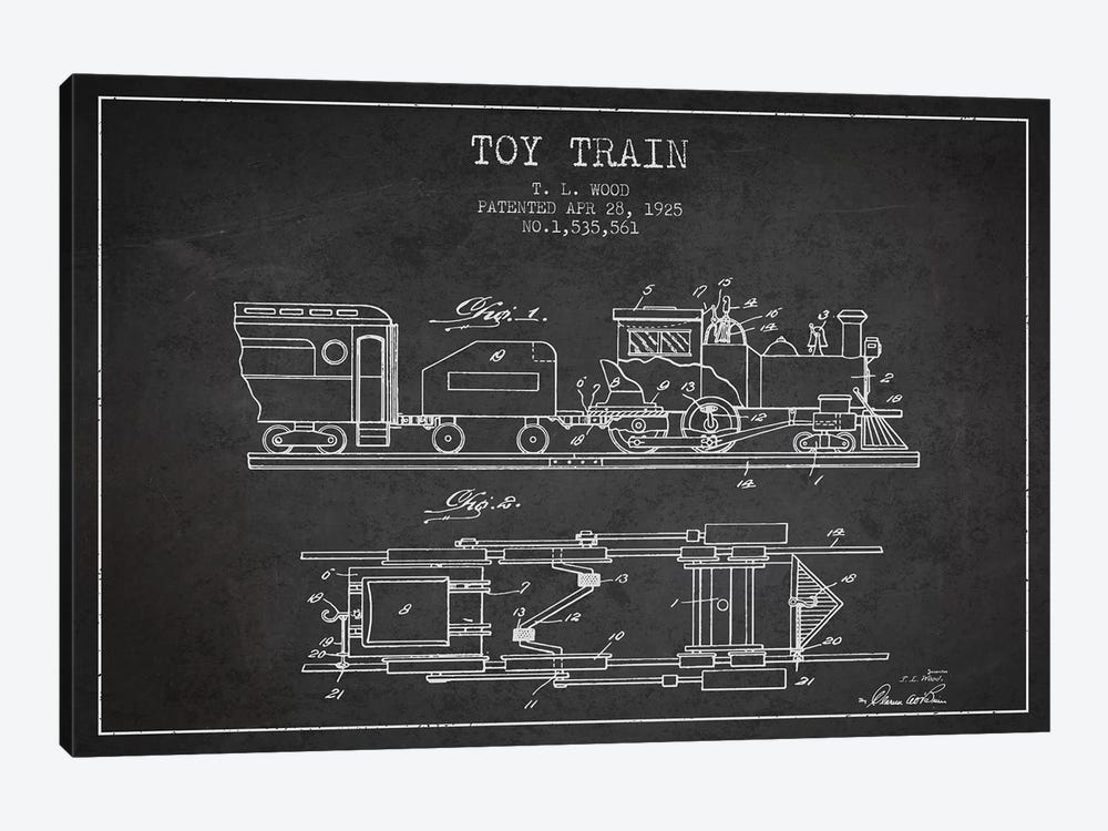 T.L. Wood Toy Train Patent Sketch (Charcoal) by Aged Pixel 1-piece Art Print