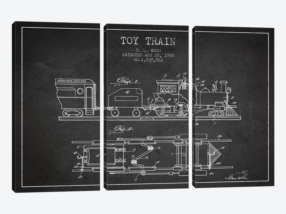 T.L. Wood Toy Train Patent Sketch (Charcoal) by Aged Pixel 3-piece Canvas Art Print