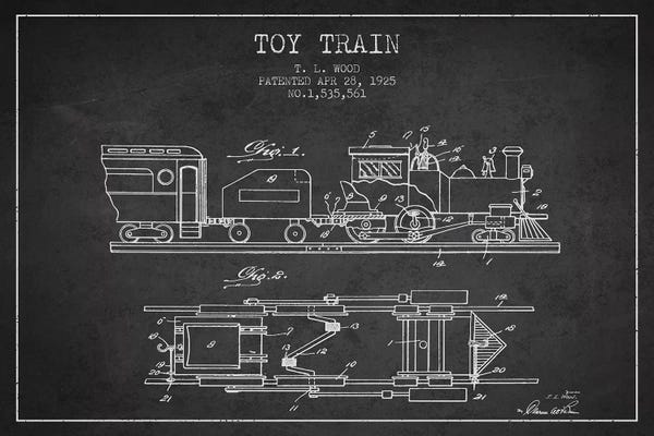 Toys & Collectibles: T.L. Wood Toy Train Patent Sketch (Charcoal) by Aged Pixel