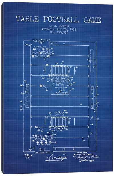 T.R. Potter Table Football Game Patent Sketch (Blue Grid) Canvas Art Print - Aged Pixel: Toys & Games