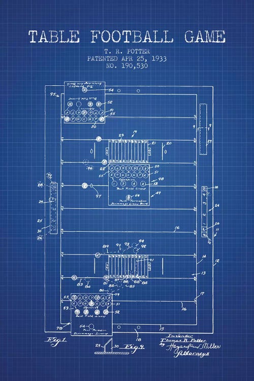 T.R. Potter Table Football Game Patent Sketch (Blue Grid)
