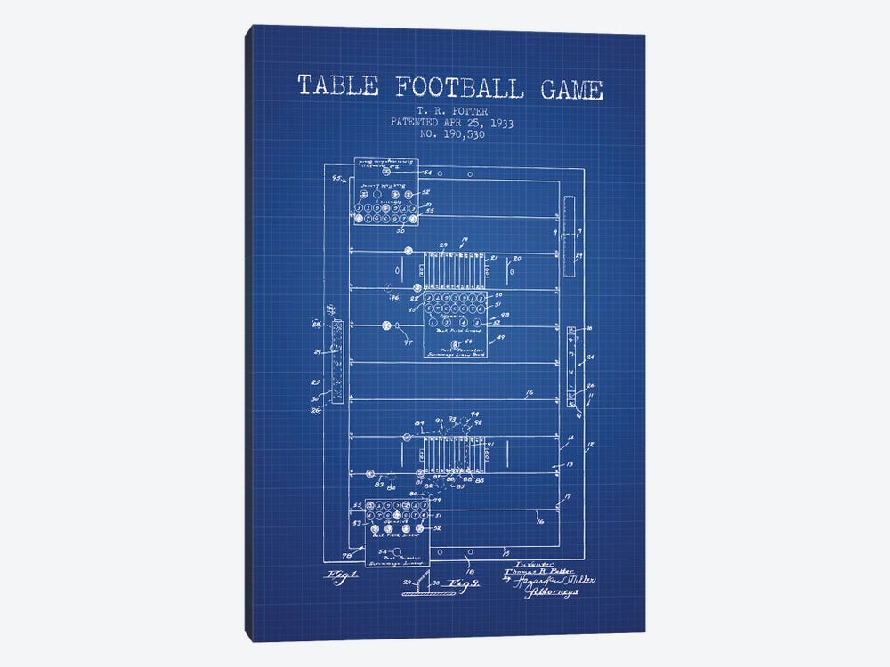 T.R. Potter Table Football Game Patent Sketch (Blue Grid) by Aged Pixel 1-piece Canvas Art