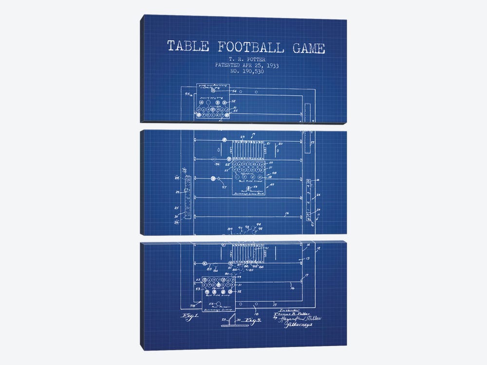 T.R. Potter Table Football Game Patent Sketch (Blue Grid) by Aged Pixel 3-piece Canvas Art