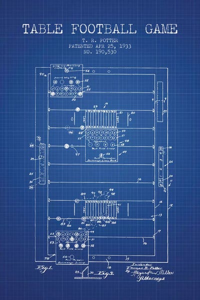 Toy & Game Blueprints: T.R. Potter Table Football Game Patent Sketch (Blue Grid) by Aged Pixel
