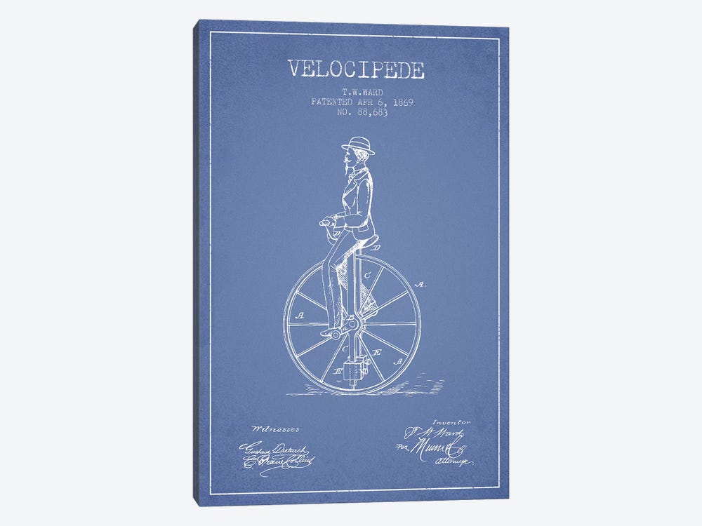 T.W. Ward Velocipede Patent Sketch (Light Blue) by Aged Pixel 1-piece Canvas Art Print