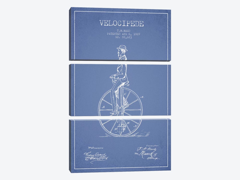 T.W. Ward Velocipede Patent Sketch (Light Blue) by Aged Pixel 3-piece Canvas Print
