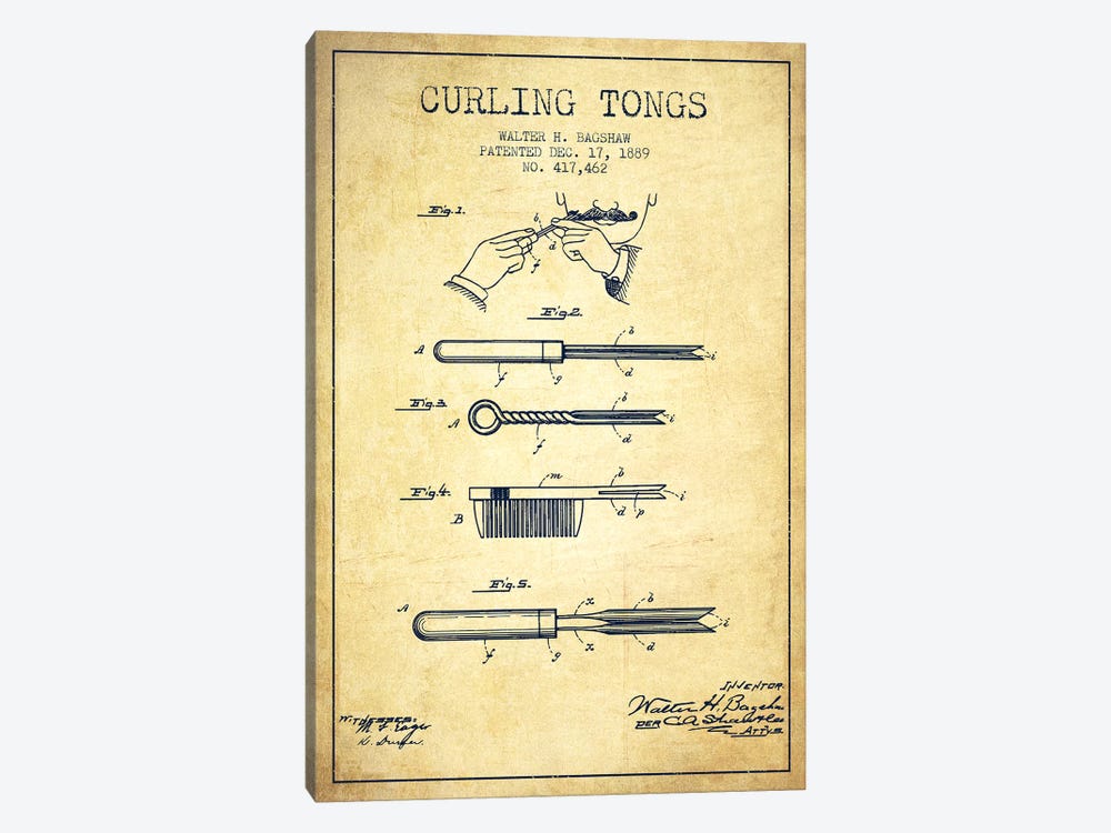 Curling Tongs Vintage Patent Blueprint by Aged Pixel 1-piece Canvas Wall Art