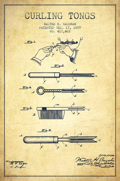 Beauty & Personal Care Blueprints: Curling Tongs Vintage Patent Blueprint by Aged Pixel