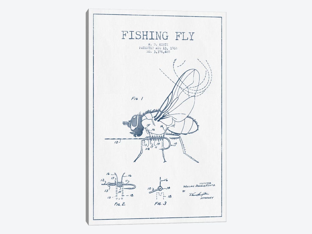 W.D. Kuntz Fishing Fly Patent Sketch (Ink) by Aged Pixel 1-piece Canvas Wall Art