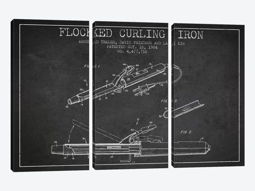 Flocked Curling Iron Charcoal Patent Blueprint by Aged Pixel 3-piece Art Print