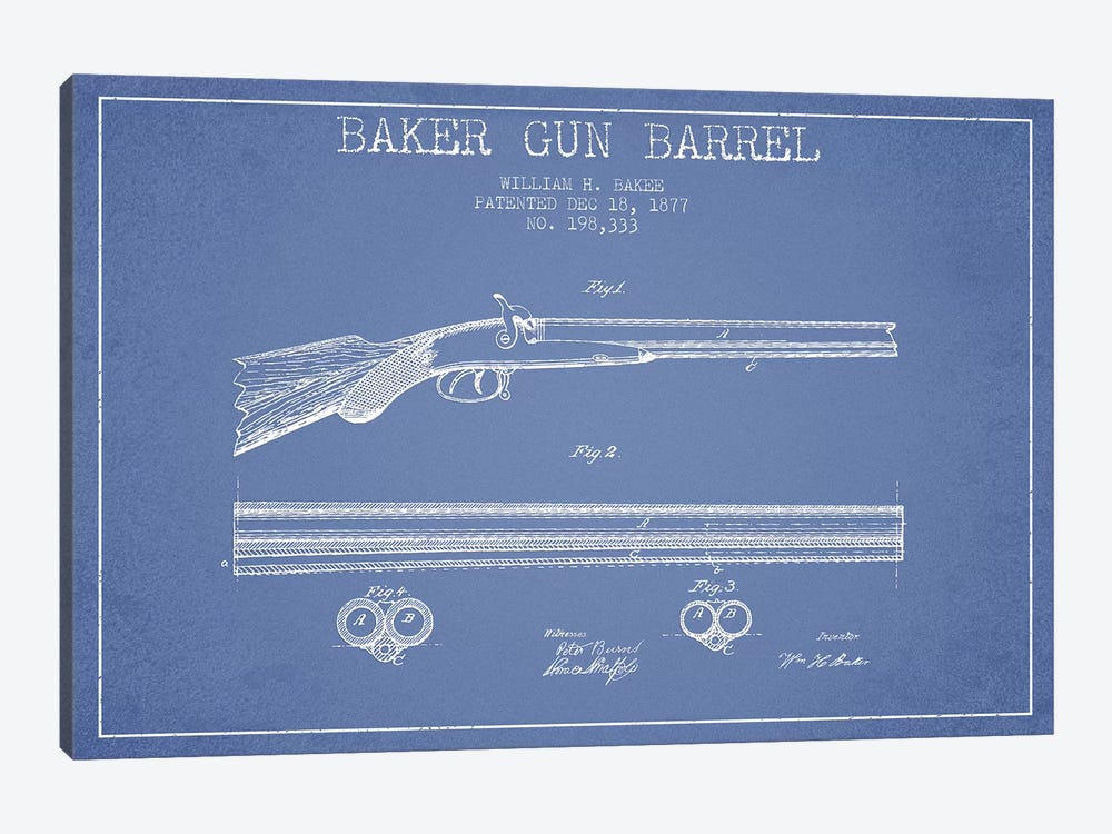 W.H. Baker Baker Gun Barrel Patent Sketch (Light Blue) by Aged Pixel 1-piece Canvas Art Print