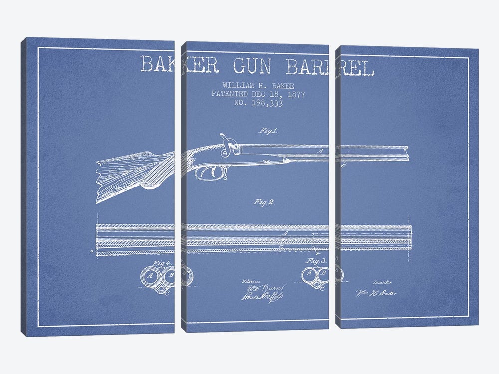 W.H. Baker Baker Gun Barrel Patent Sketch (Light Blue) by Aged Pixel 3-piece Canvas Art Print