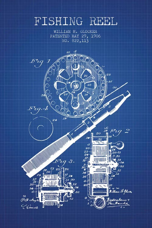 W.H. Glocker Fishing Reel Patent Sketch (Blue Grid)