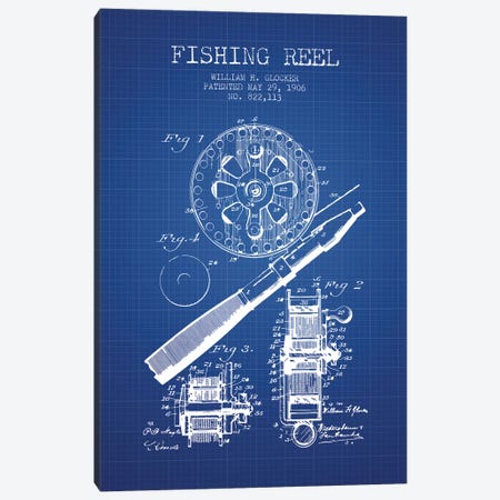 W.H. Glocker Fishing Reel Patent Sketch (Blue Grid) Canvas Print #ADP3141} by Aged Pixel Canvas Wall Art