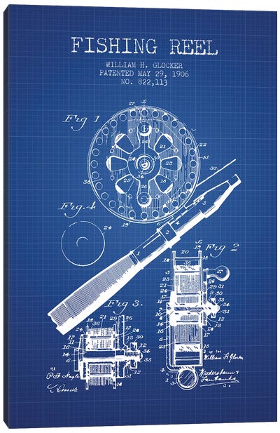 W.H. Glocker Fishing Reel Patent Sketch (Blue Grid) Canvas Art Print