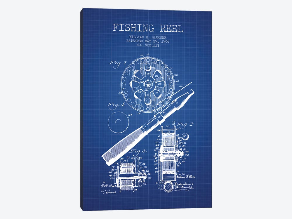 W.H. Glocker Fishing Reel Patent Sketch (Blue Grid) by Aged Pixel 1-piece Canvas Artwork