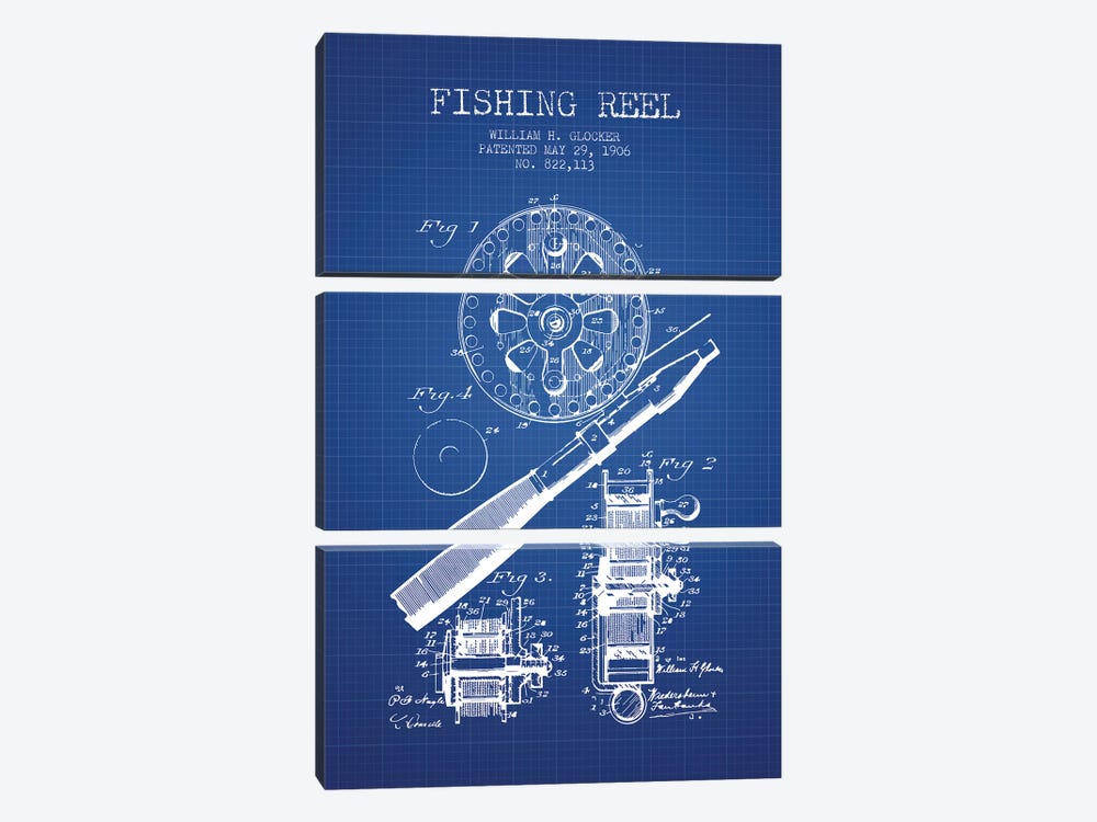 W.H. Glocker Fishing Reel Patent Sketch (Blue Grid) by Aged Pixel 3-piece Canvas Artwork