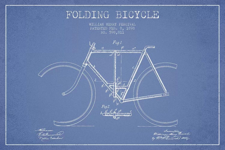 W.H. Percival Folding Bicycle Patent Sketch (Light Blue) by Aged Pixel wall art
