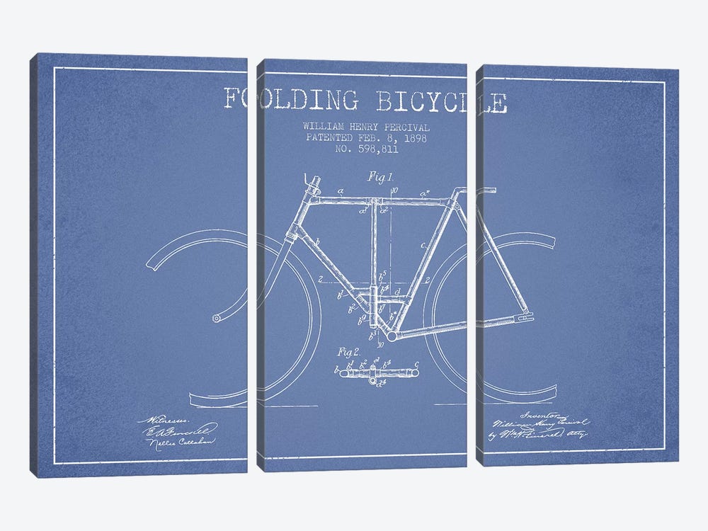 W.H. Percival Folding Bicycle Patent Sketch (Light Blue) by Aged Pixel 3-piece Canvas Art