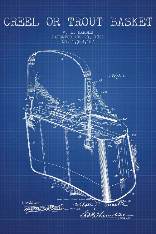 W.L. Marble Trout Basket Patent Sketch (Blue Grid)