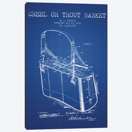 W.L. Marble Trout Basket Patent Sketch (Blue Grid) Canvas Print #ADP3144} by Aged Pixel Art Print