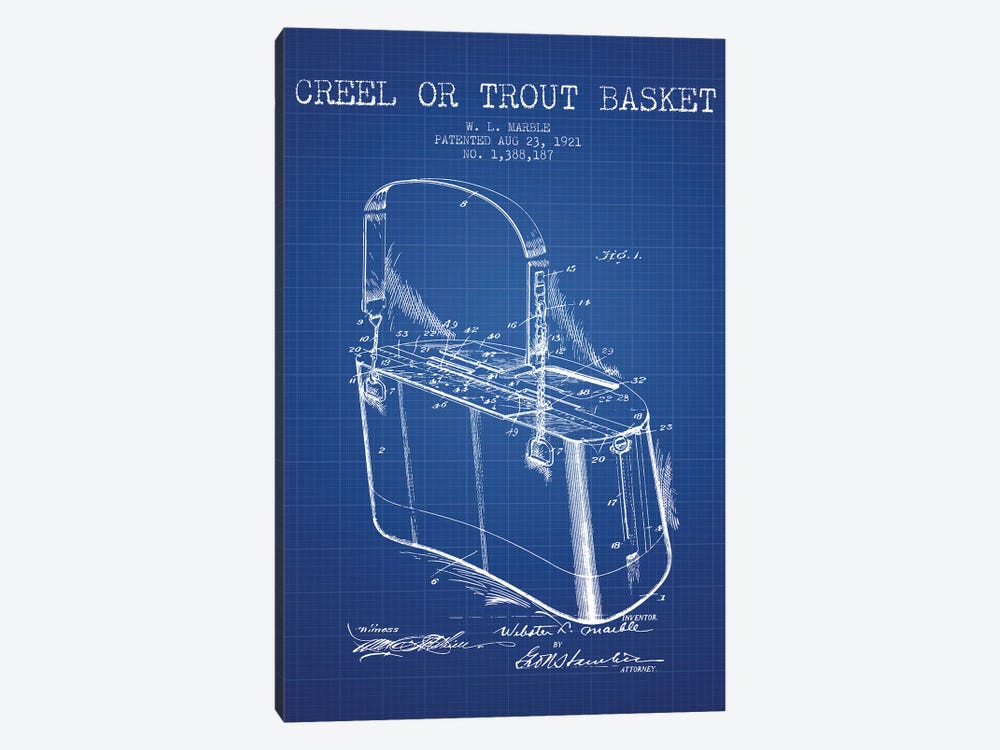 W.L. Marble Trout Basket Patent Sketch (Blue Grid) by Aged Pixel 1-piece Canvas Print