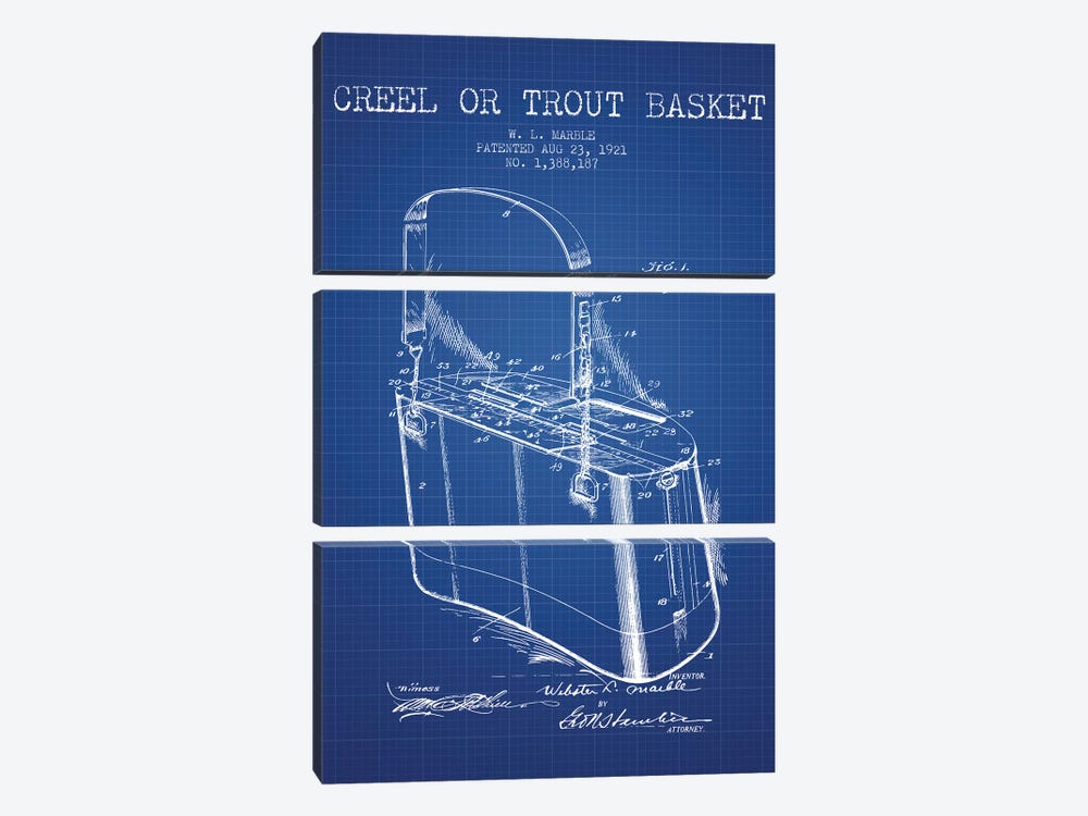 W.L. Marble Trout Basket Patent Sketch (Blue Grid) by Aged Pixel 3-piece Canvas Art Print