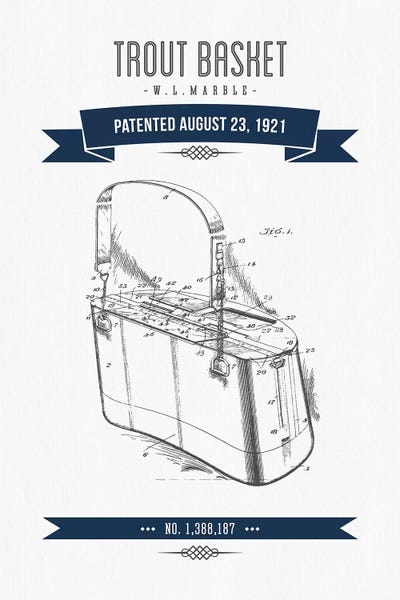 W.L. Marble Trout Basket Patent Sketch (Navy Blue) by Aged Pixel framed canvas print