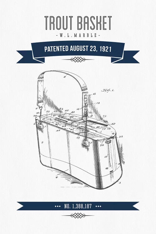 W.L. Marble Trout Basket Patent Sketch (Navy Blue)