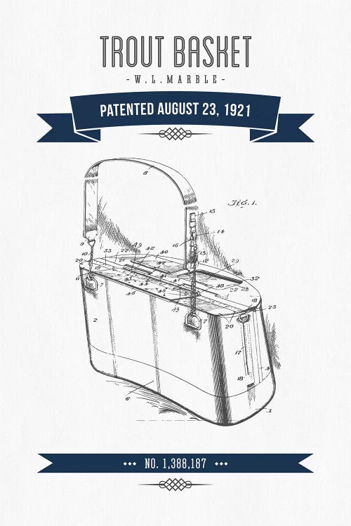 W.L. Marble Trout Basket Patent Sketch (Navy Blue) by Aged Pixel wall art