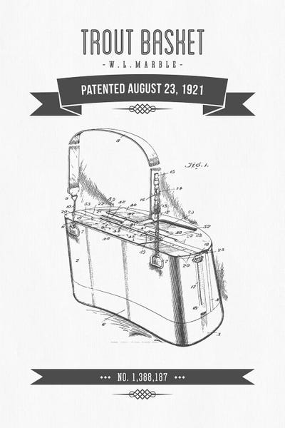 W.L. Marble Trout Basket Patent Sketch Retro (Charcoal) by Aged Pixel framed canvas print