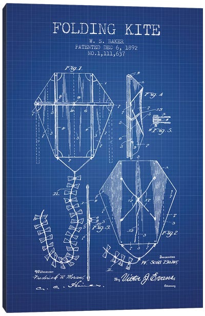 W.S. Baker Folding Kite Patent Sketch (Blue Grid) Canvas Art Print - Playroom Art