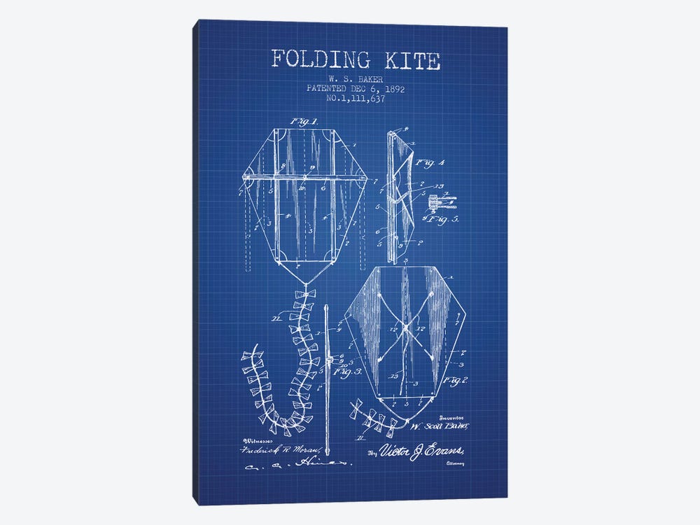 W.S. Baker Folding Kite Patent Sketch (Blue Grid) by Aged Pixel 1-piece Canvas Art