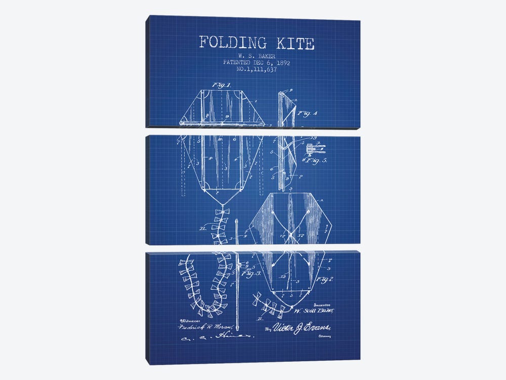 W.S. Baker Folding Kite Patent Sketch (Blue Grid) by Aged Pixel 3-piece Canvas Art