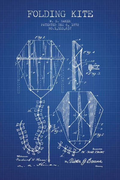 Kites: W.S. Baker Folding Kite Patent Sketch (Blue Grid) by Aged Pixel