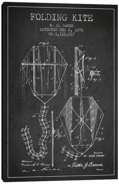 W.S. Baker Folding Kite Patent Sketch (Charcoal) Canvas Art Print - Playroom Art