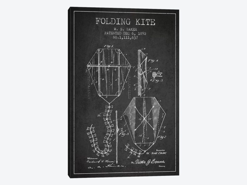W.S. Baker Folding Kite Patent Sketch (Charcoal) by Aged Pixel 1-piece Art Print