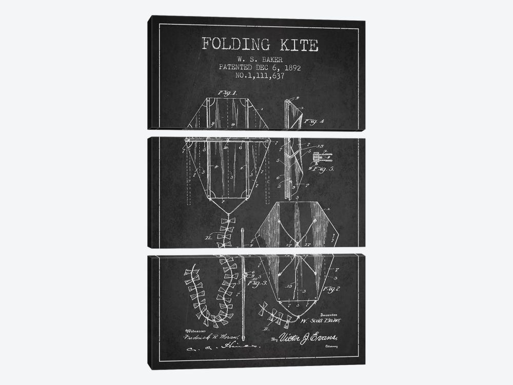 W.S. Baker Folding Kite Patent Sketch (Charcoal) by Aged Pixel 3-piece Canvas Print