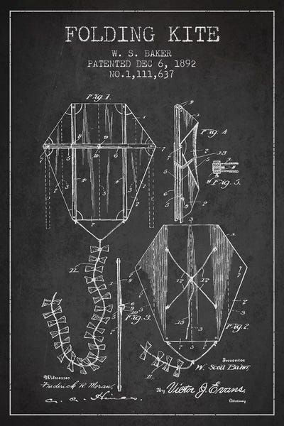 Kites: W.S. Baker Folding Kite Patent Sketch (Charcoal) by Aged Pixel