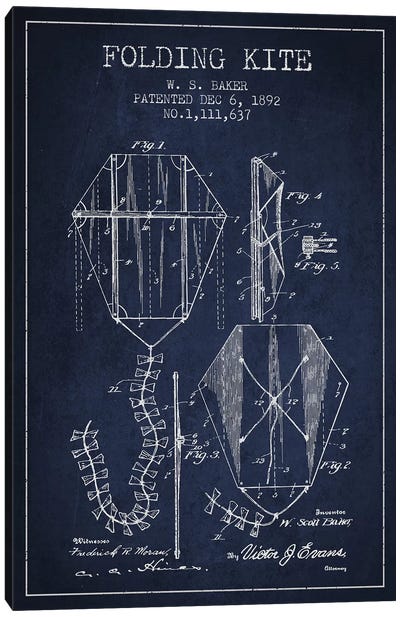 W.S. Baker Folding Kite Patent Sketch (Navy Blue) Canvas Art Print - Playroom Art