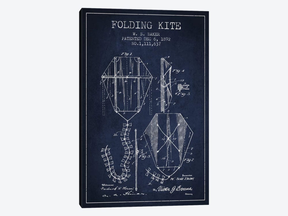 W.S. Baker Folding Kite Patent Sketch (Navy Blue) by Aged Pixel 1-piece Canvas Artwork