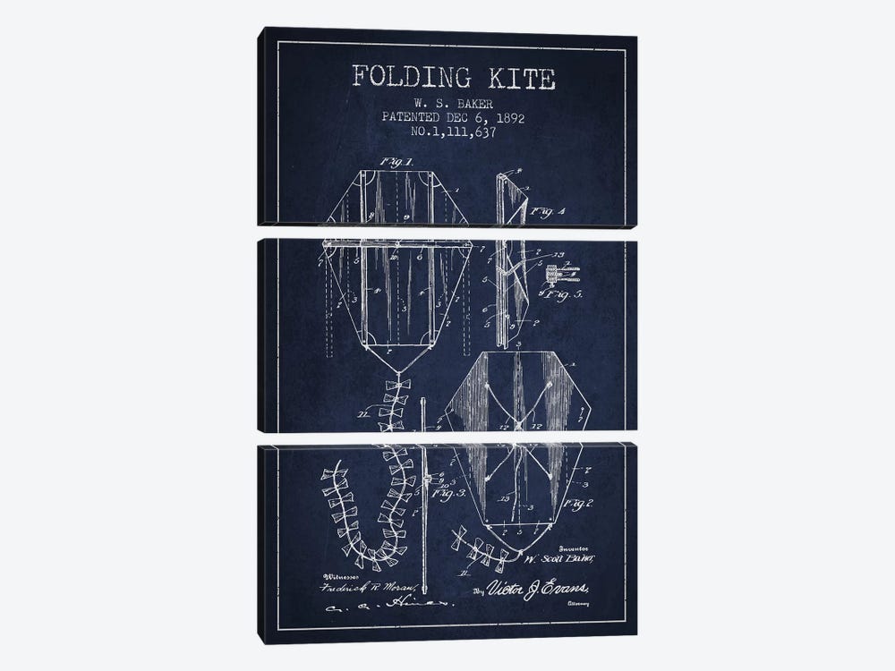 W.S. Baker Folding Kite Patent Sketch (Navy Blue) by Aged Pixel 3-piece Canvas Wall Art