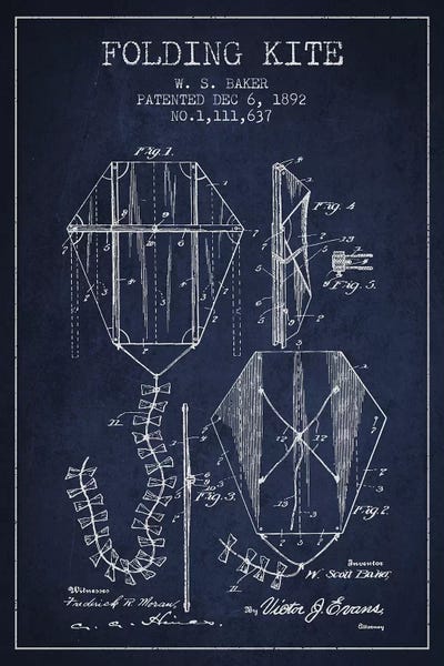 Kites: W.S. Baker Folding Kite Patent Sketch (Navy Blue) by Aged Pixel