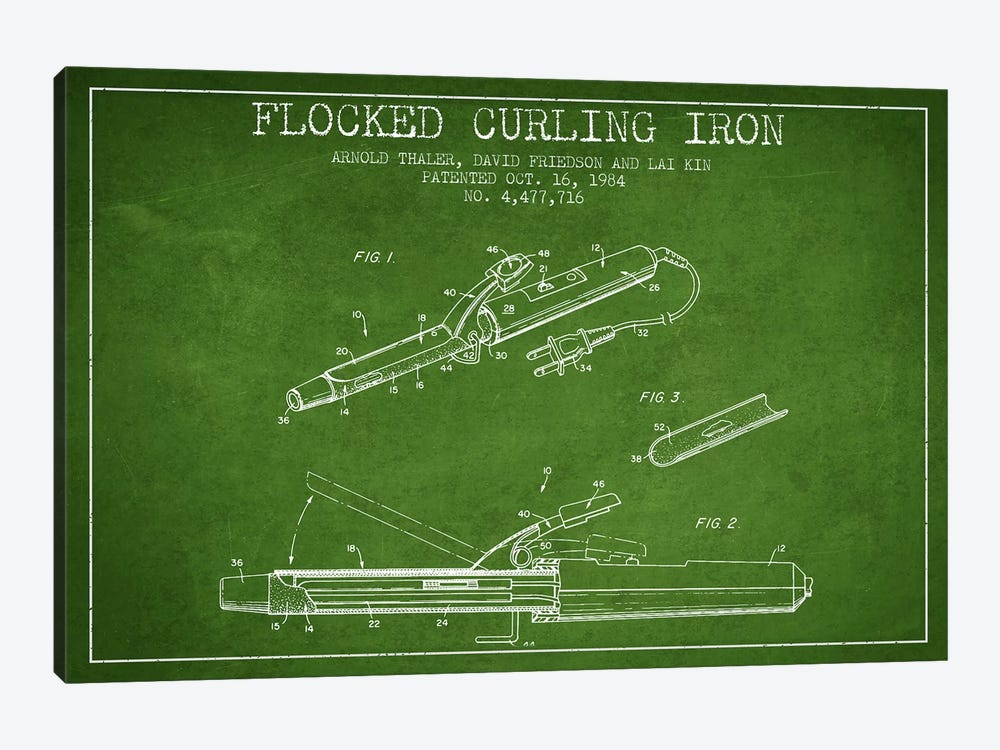 Flocked Curling Iron Green Patent Blueprint by Aged Pixel 1-piece Canvas Wall Art
