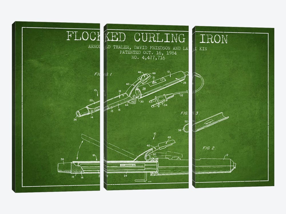 Flocked Curling Iron Green Patent Blueprint by Aged Pixel 3-piece Canvas Artwork