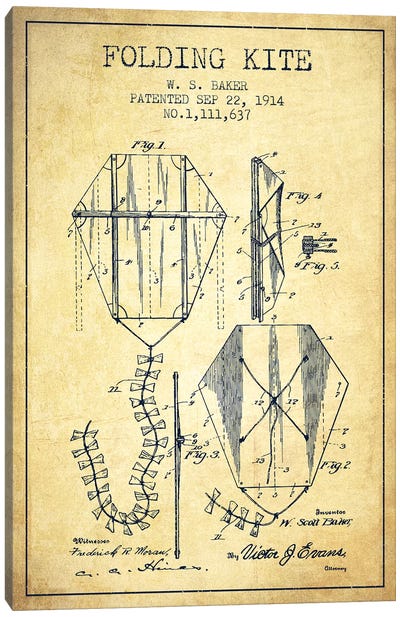 W.S. Baker Folding Kite Patent Sketch (Vintage) Canvas Art Print - Aged Pixel: Toys & Games
