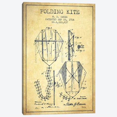 W.S. Baker Folding Kite Patent Sketch (Vintage) Canvas Print #ADP3150} by Aged Pixel Canvas Print