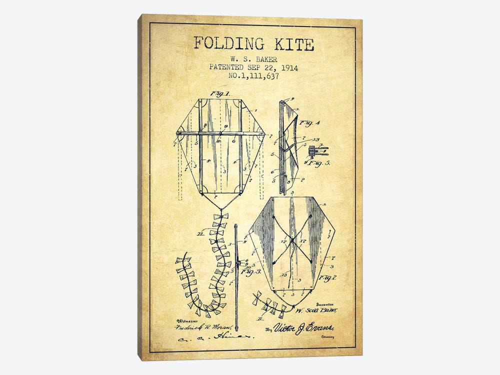 W.S. Baker Folding Kite Patent Sketch (Vintage) by Aged Pixel 1-piece Canvas Artwork
