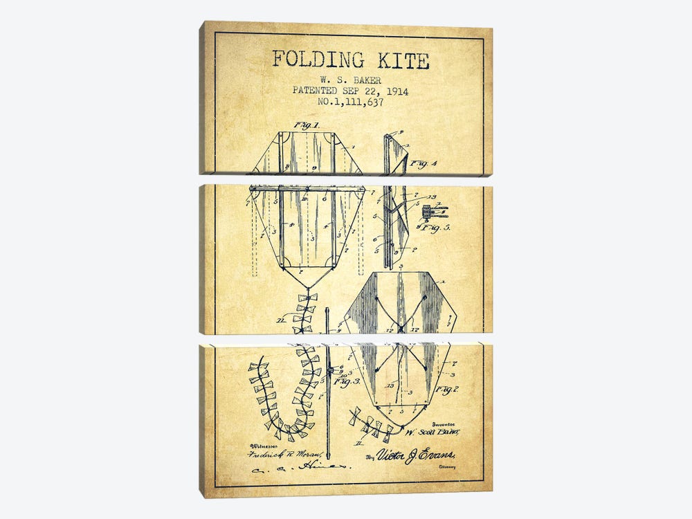 W.S. Baker Folding Kite Patent Sketch (Vintage) by Aged Pixel 3-piece Canvas Art