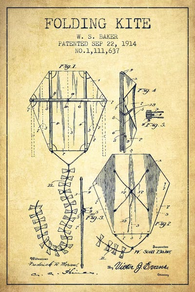 Kites: W.S. Baker Folding Kite Patent Sketch (Vintage) by Aged Pixel